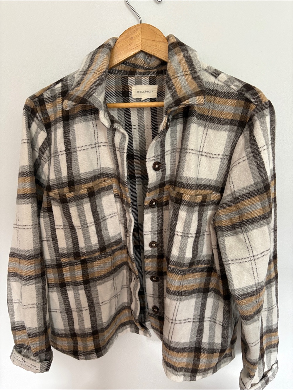 MELLODAY Plaid Utility Shacket in Cream, Gray & Brown